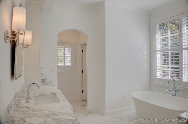 bathroom with a bathtub, ornamental molding, and vanity