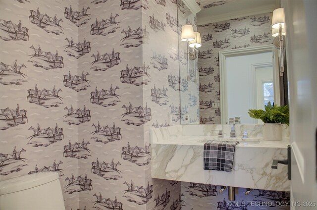 bathroom featuring crown molding and toilet