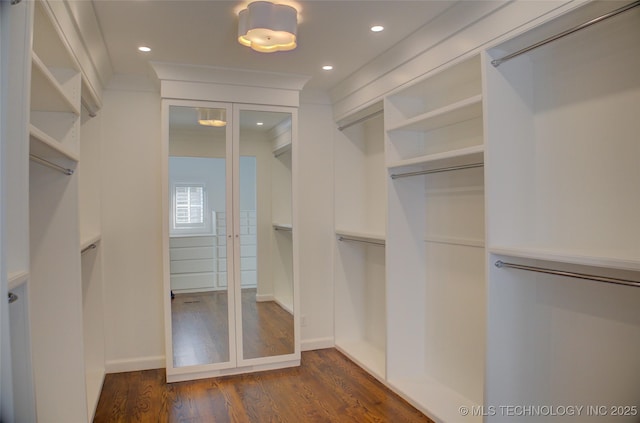 walk in closet with dark wood-type flooring