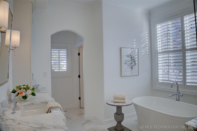 bathroom featuring vanity, ornamental molding, and a tub