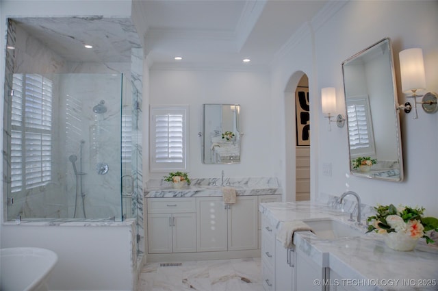 bathroom with vanity, crown molding, a shower with shower door, and a wealth of natural light