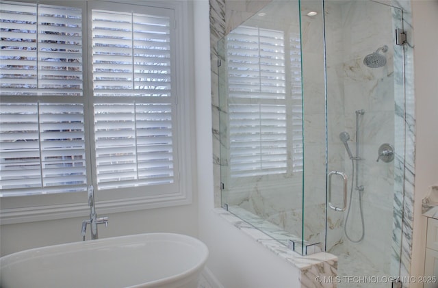 bathroom with separate shower and tub and a wealth of natural light