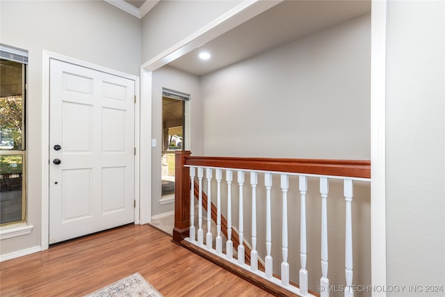 foyer featuring ornamental molding and light wood-type flooring