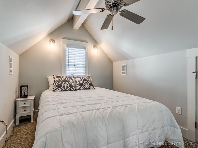 86 Ridgeline, Carlton Landing, OK 74432 - carpeted bedroom featuring visible vents, vaulted ceiling with beams, baseboards, and ceiling fan