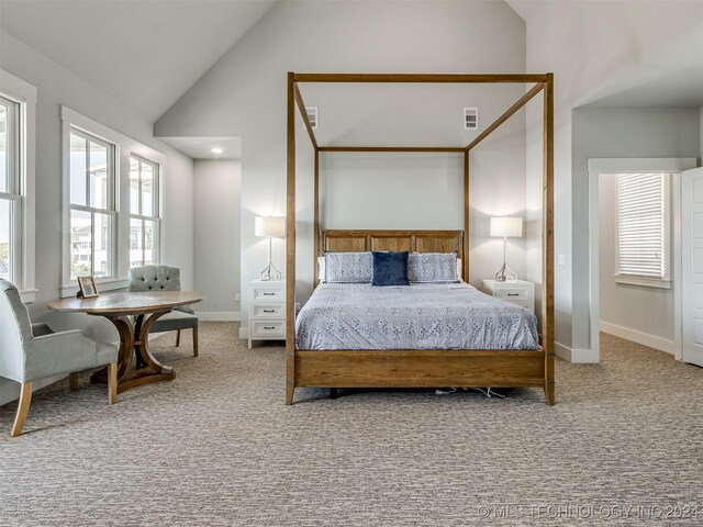 86 Ridgeline, Carlton Landing, OK 74432 - bedroom with baseboards, vaulted ceiling, visible vents, and carpet