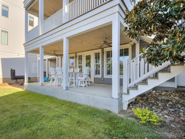 86 Ridgeline, Carlton Landing, OK 74432 - exterior space featuring a lawn, a balcony, a patio, and ceiling fan
