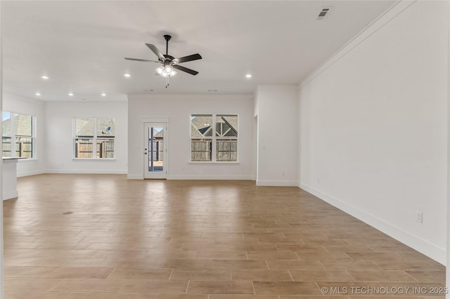 2804 E Northampton St, Broken Arrow, OK 74014 - unfurnished living room featuring ornamental molding, ceiling fan, light wood finished floors, baseboards, and recessed lighting