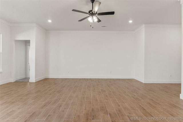 2804 E Northampton St, Broken Arrow, OK 74014 - spare room featuring ceiling fan, crown molding, light wood-style flooring, recessed lighting, and baseboards