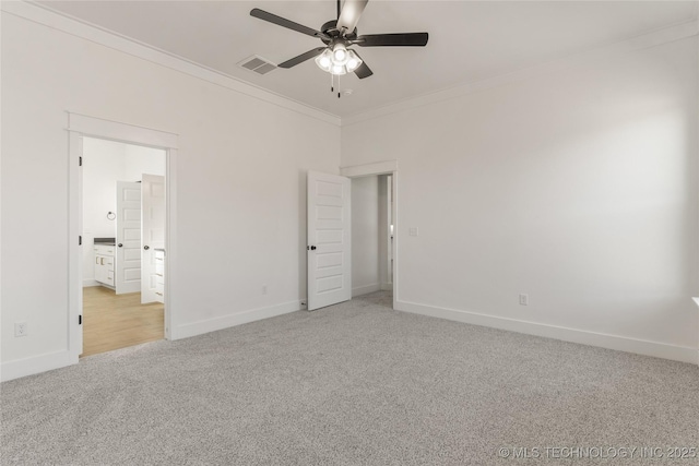 2804 E Northampton St, Broken Arrow, OK 74014 - unfurnished bedroom with light colored carpet, crown molding, baseboards, connected bathroom, and ceiling fan