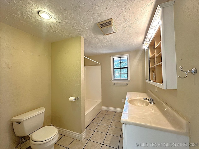 full bathroom featuring tile patterned floors, visible vents, toilet, and a textured ceiling