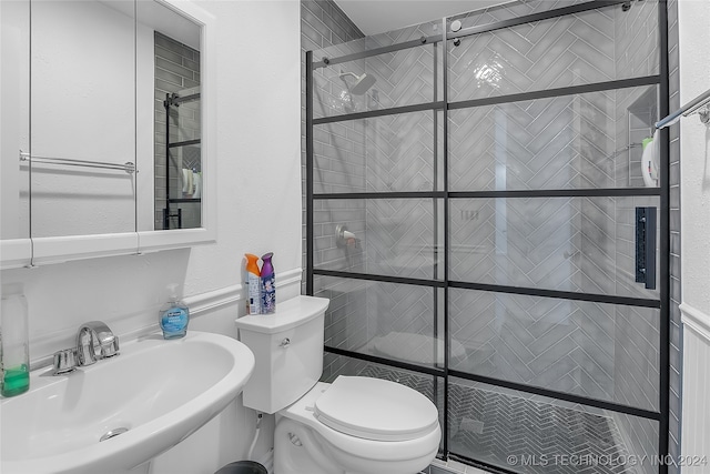 bathroom with sink, a shower with door, and toilet