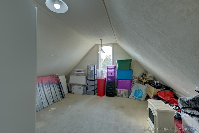 bonus room with lofted ceiling, a textured ceiling, and carpet flooring