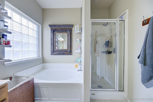 bathroom featuring vanity and separate shower and tub