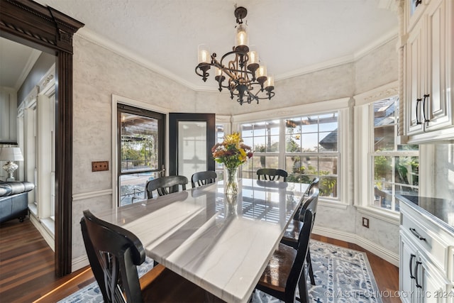 dining area featuring a wealth of natural light, ornamental molding, and dark wood finished floors