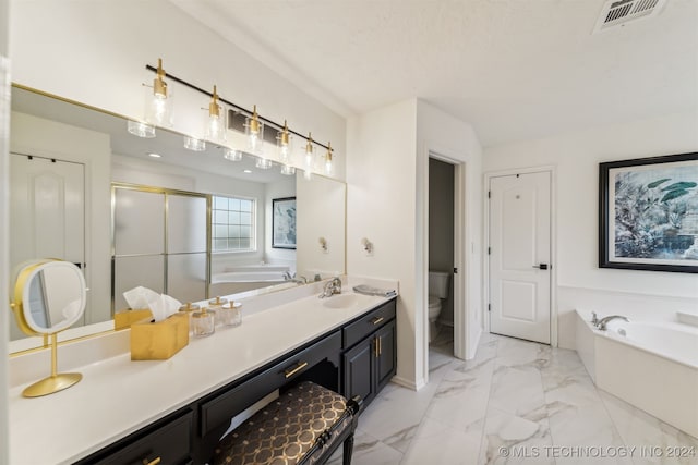 full bath featuring visible vents, toilet, a garden tub, marble finish floor, and vanity