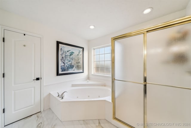 full bath featuring recessed lighting, marble finish floor, a stall shower, and a whirlpool tub