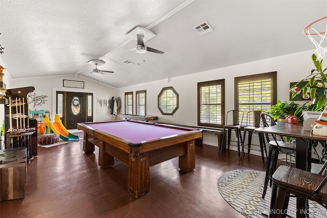 rec room with a textured ceiling, billiards, dark wood-type flooring, and vaulted ceiling