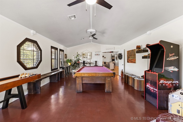 playroom featuring lofted ceiling, crown molding, pool table, and ceiling fan