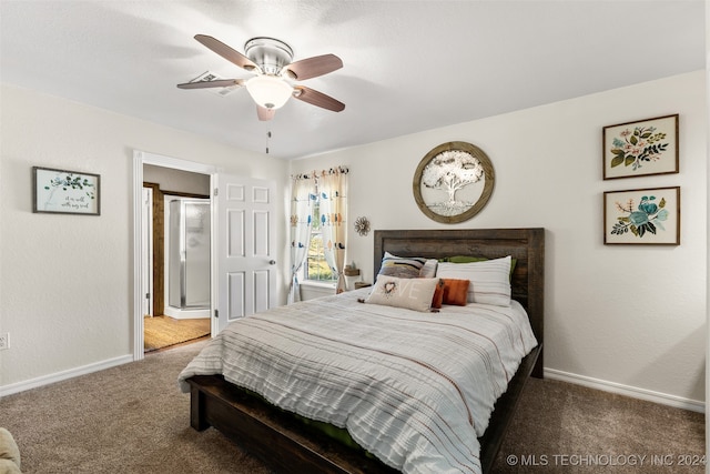 bedroom featuring ceiling fan and dark colored carpet