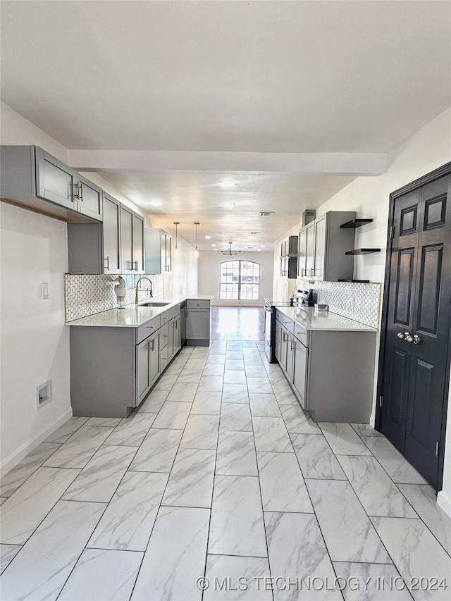 2532 N Martin Luther King Jr Blvd, Tulsa, OK 74106 - kitchen with a sink, gray cabinets, a peninsula, and stainless steel electric stove