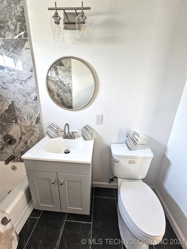 full bathroom with tile patterned floors, vanity, separate shower and tub, and toilet