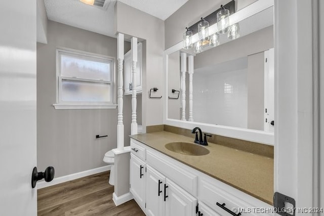 bathroom with vanity, hardwood / wood-style floors, and toilet