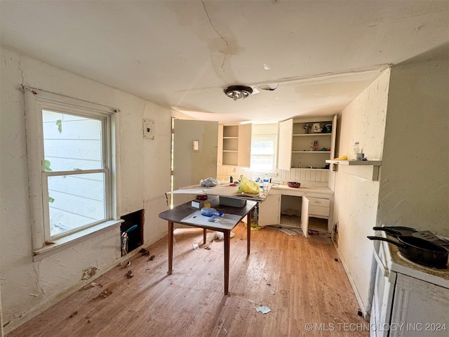 interior space with built in shelves, a workshop area, and light hardwood / wood-style floors