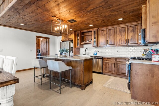 kitchen featuring light wood-type flooring, pendant lighting, a center island, and stainless steel appliances