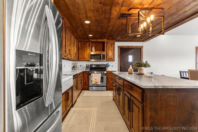 kitchen with a notable chandelier, stainless steel appliances, decorative backsplash, and wooden ceiling