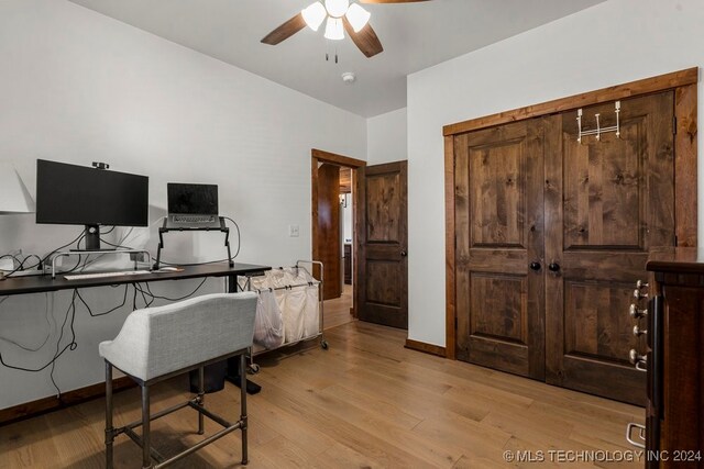 office area featuring ceiling fan and light hardwood / wood-style flooring