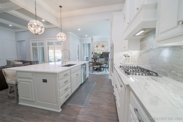 kitchen with white cabinetry, a kitchen island with sink, and dark hardwood / wood-style flooring