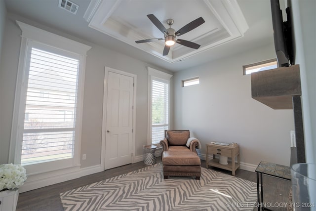 sitting room featuring a tray ceiling, dark wood-type flooring, and a healthy amount of sunlight