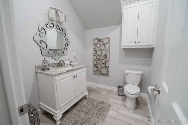 bathroom featuring vaulted ceiling, vanity, toilet, and wood-type flooring