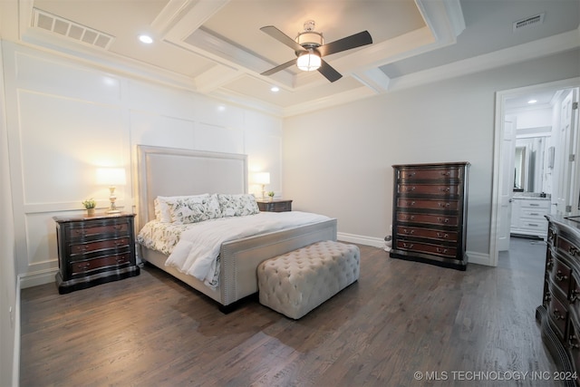 bedroom with ceiling fan, ornamental molding, dark hardwood / wood-style flooring, and coffered ceiling