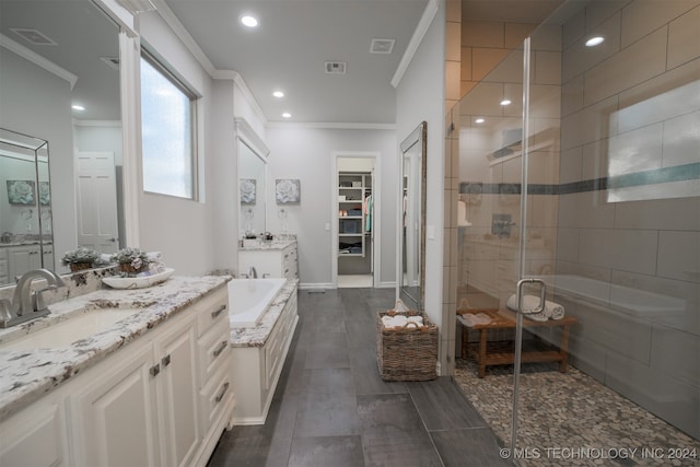 bathroom with ornamental molding, vanity, and plus walk in shower