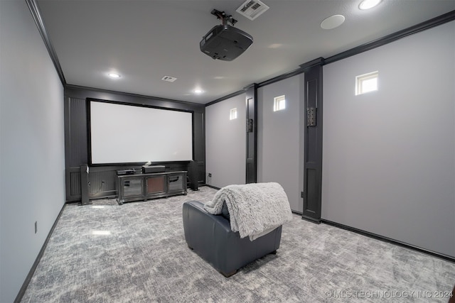 carpeted home theater room featuring crown molding and ornate columns