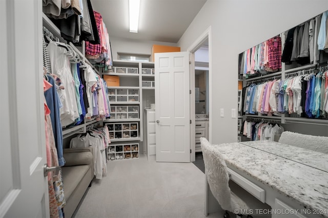 spacious closet featuring light colored carpet