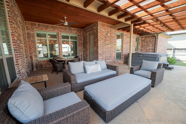 view of patio featuring outdoor lounge area, a pergola, and ceiling fan