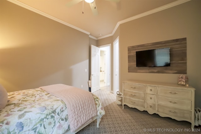 bedroom featuring crown molding, carpet, and ceiling fan