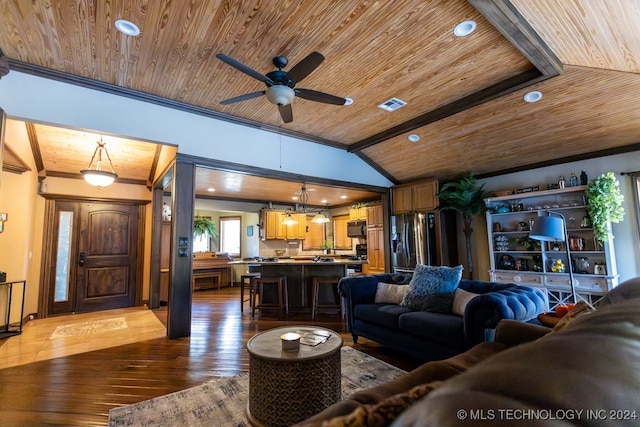 living room featuring ceiling fan, lofted ceiling, ornamental molding, wooden ceiling, and hardwood / wood-style floors