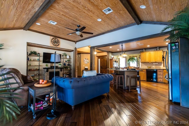 living room featuring vaulted ceiling with beams, wooden ceiling, and dark hardwood / wood-style flooring