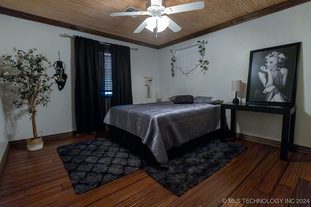 bedroom featuring crown molding, ceiling fan, wood ceiling, and dark hardwood / wood-style flooring