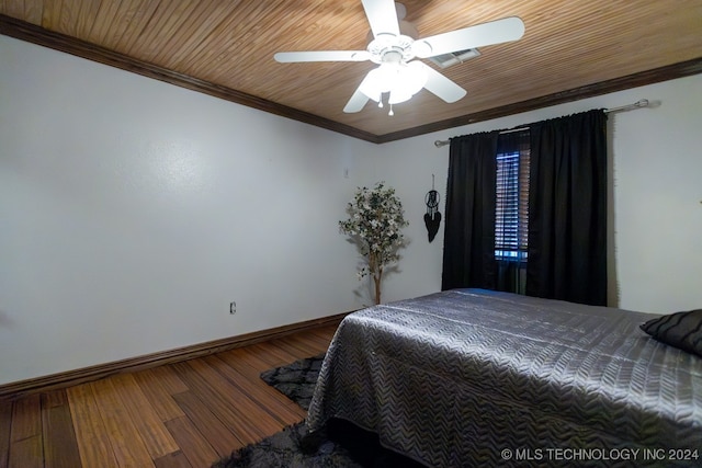 bedroom with ornamental molding, wooden ceiling, hardwood / wood-style floors, and ceiling fan