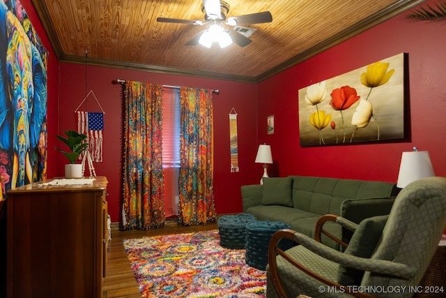 living area with ornamental molding, wooden ceiling, dark hardwood / wood-style flooring, and ceiling fan