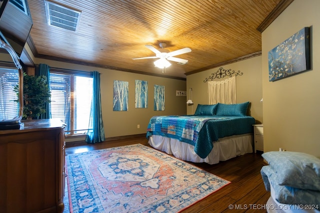 bedroom featuring wooden ceiling, crown molding, dark hardwood / wood-style flooring, and ceiling fan