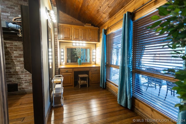 kitchen with dark hardwood / wood-style flooring, wood ceiling, brick wall, vaulted ceiling, and built in desk