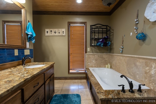 bathroom featuring a tub, vanity, wood ceiling, tile patterned floors, and crown molding