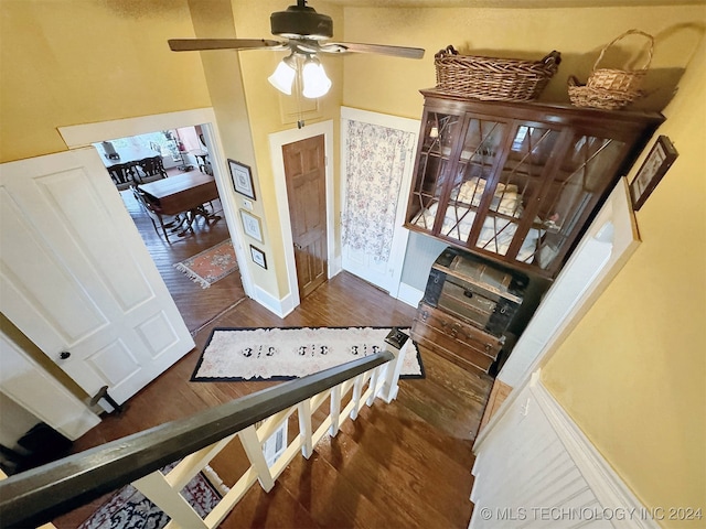 stairs featuring wood-type flooring and ceiling fan