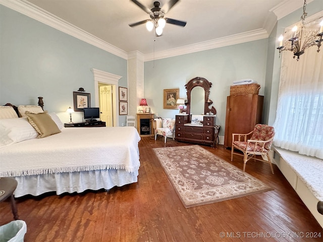 bedroom with crown molding, ceiling fan, and dark hardwood / wood-style flooring