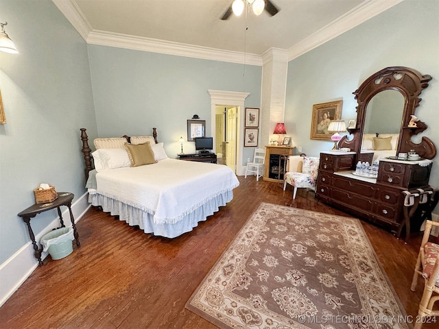 bedroom with crown molding, ceiling fan, and dark hardwood / wood-style floors